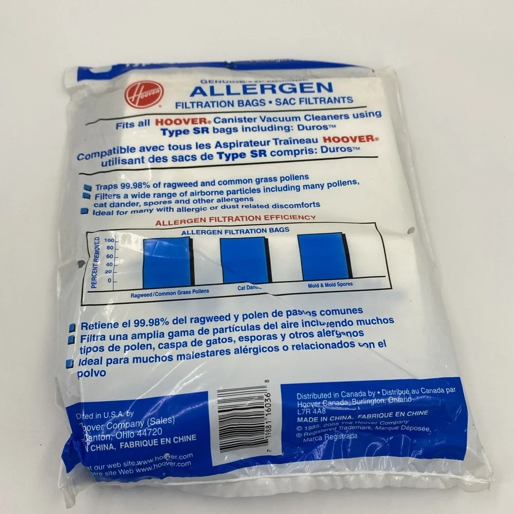 Hoover Allergen Filtration Vacuum Cleaner Bags (3) Type SR 401010SR Genuine NIP